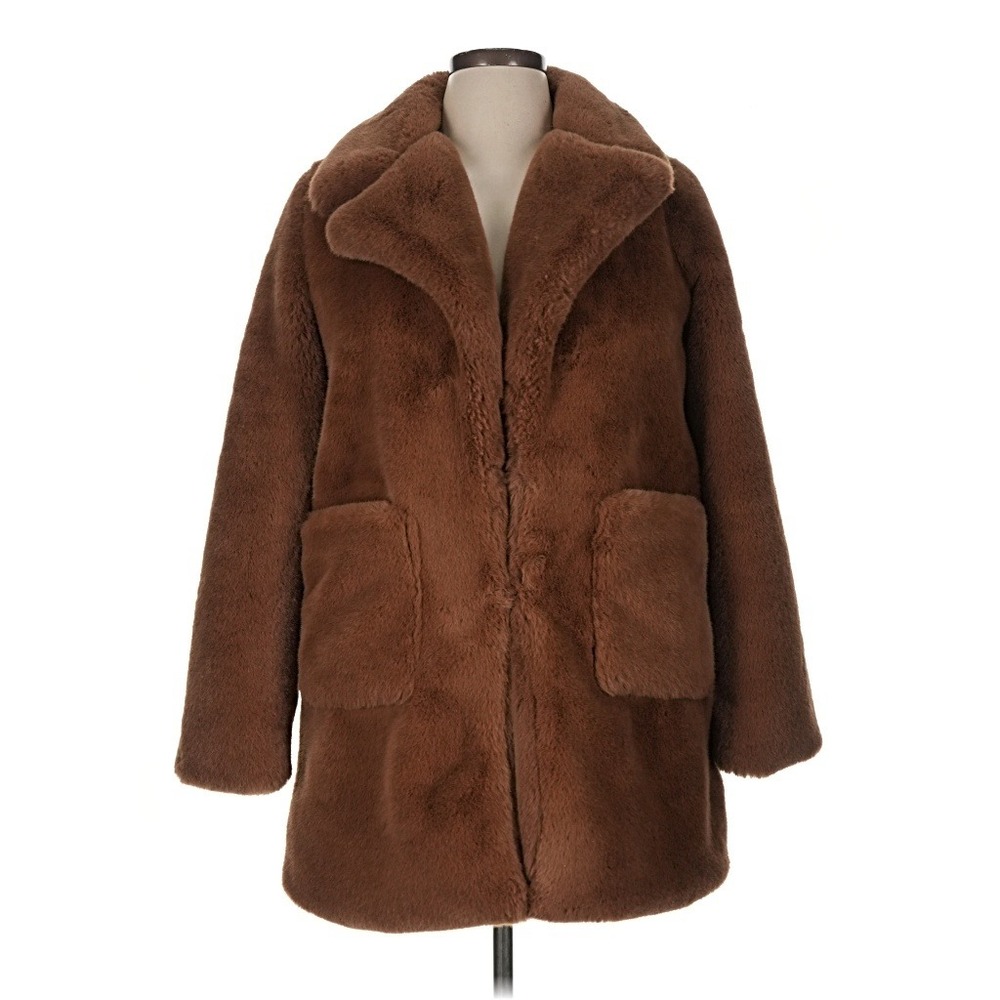 Brown Faux Fur Mid-Length Mob Wife Teddy Coat with Notched Lapel and Pockets, M